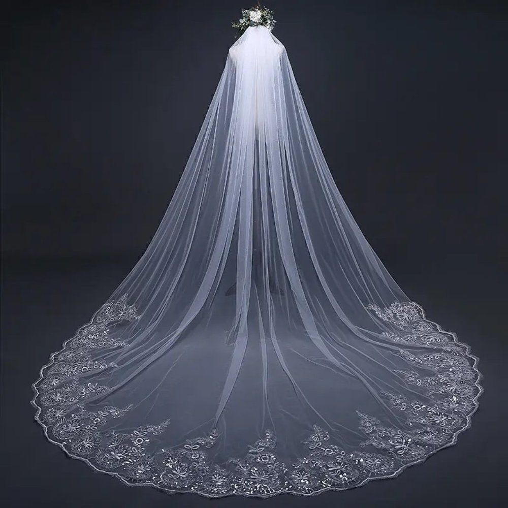 Floral and Sequin Cathedral Bridal Wedding Veil With Comb Ivory Veil White Veil - Picture 5 of 8